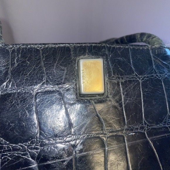 FURLA Vintage Black Tote Shoulder Bag Purse Crocodile Embossed Structured Square